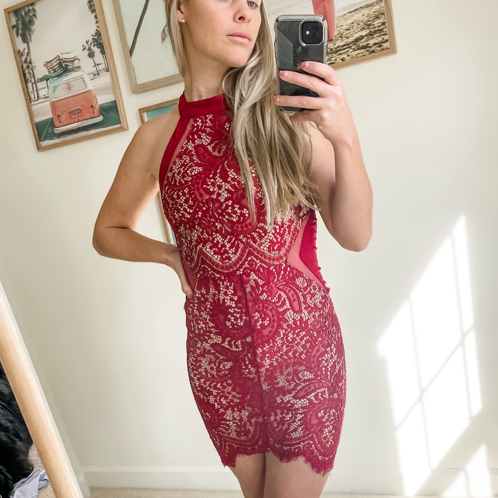 LUXEL S - bodycon mini, high-neck, burgundy lace, razor back, cutout dress
